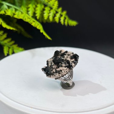 Raw Black Crystal Adjustable Ring Freeform Short Column Tower Mineral Specimen Silver S925 Handmade