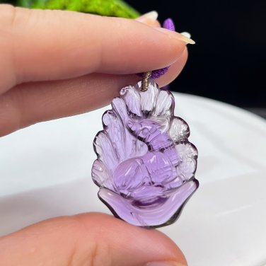 Amethyst Pendant Necklace Icy Transparent Hand Carved Nine Tailed Fox Yuanbao