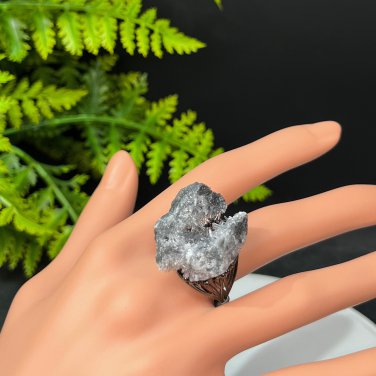 Raw Gray White Crystal Adjustable Ring Transparent Geode Crystal Clusters Silver S925 Handmade