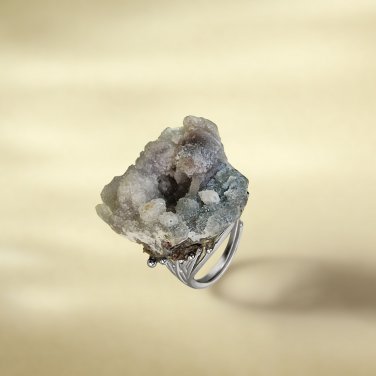 Raw Agate Adjustable Ring Purple Gray Sparkle Freeform Geode Silver S925 Handmade