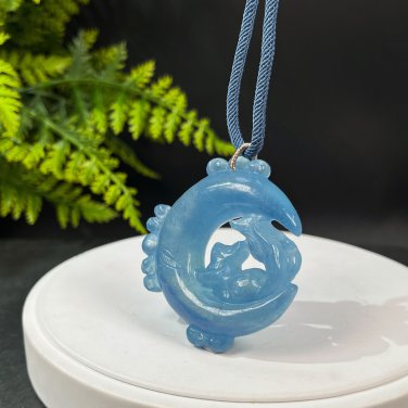 Ghost Blue Aquamarine Pendant Necklace Icy Clarity Hollow Hand Carved Nine Tailed Fox Moon Leaf