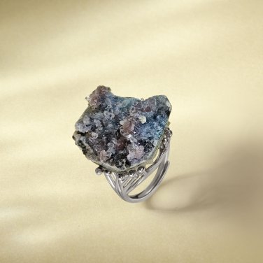 Raw Gray Purple Crystal Ring Adjustable Freeform Flake Ice Clusters Silver S925 Handmade