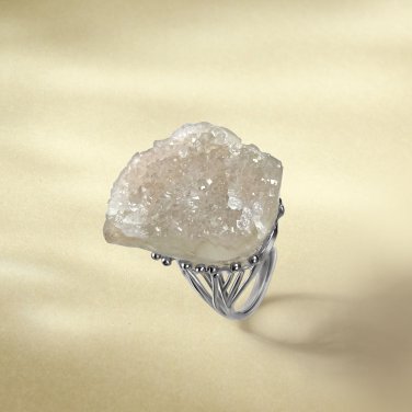 Raw White Crystal Ring Adjustable Silver S925 Handmade