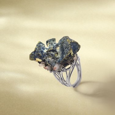 Raw Red Crystal Chalcopyrite Intergrowth Ring Adjustable Freeform Clusters Silver S925 Handmade