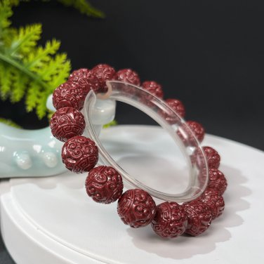 Cinnabar Beaded Bracelet 12mm Red Vintage Spiral Square Pattern