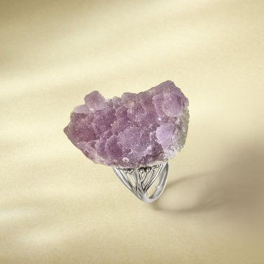 Raw Lavender Amethyst Ring Adjustable Freeform Cashew Flake Ice Sparkle Silver S925 Handmade