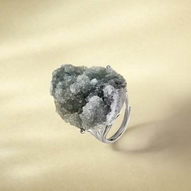 Raw Olive Green Agate Ring Adjustable Freeform Silver S925 Handmade