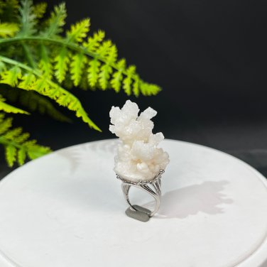 Raw White Crystal Ring Adjustable Freeform Flake Ice Clusters Silver S925 Handmade
