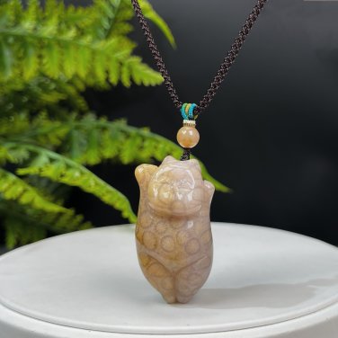 Fossilized Coral Pendant Jadeification Purple Yellow Bi-color Lemon Blossom Carved Cute Fat Cat