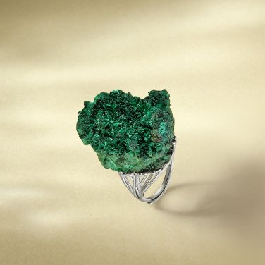 Raw Green Malachite Ring Adjustable Freeform Silver S925 Handmade