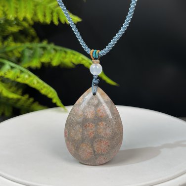 Teardrop Fossilized Coral Pendant Necklace Porcelain Luster Double Sided Orange Gray Lemon Blossom