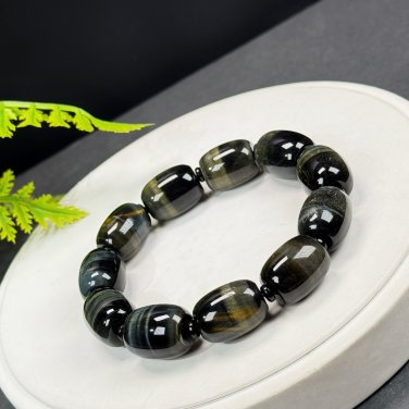Blue Yellow Tiger's Eye Beaded Bracelet Jadeification Barrel Beads Flashy Lightning Pattern