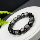 Silver Obsidian Beaded Bracelet Genuine Cat's Eye Silver Sheen Barrel Beads