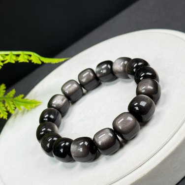 Silver Obsidian Beaded Bracelet Genuine Cat's Eye Silver Sheen Barrel Beads