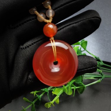 Red Agate Pendant Necklace Icy Translucent Clean Hand Carved Peace Buckle Donut