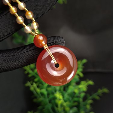 Red Agate Pendant Necklace Icy Translucent Clean Hand Carved Peace Buckle Donut