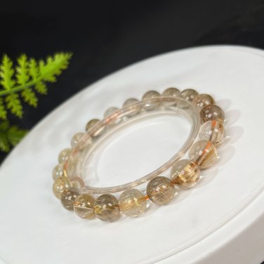 Rutilated Quartz Beaded Bracelet 9.5mm Icy Transparent Cat's Eye Golden Hair Crystal Stacking