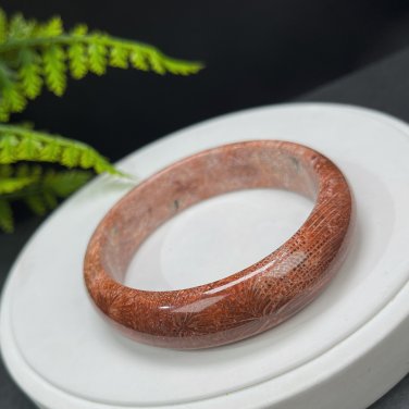 Deep Orange Red Fossilized Coral Bangle 61MM Porcelain Luster Timeless Flowers Phoenix Tail
