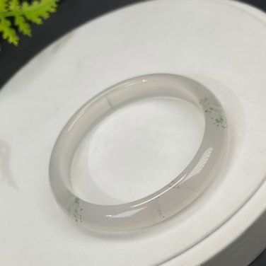 White Agate Bangle 52+MM Icy Translucent Floating Green Cinnabar Dotted