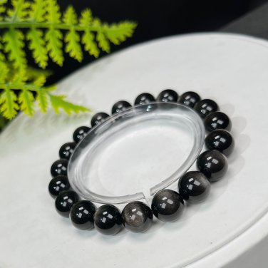 Silver Obsidian Beaded Bracelet 9.5mm Cat's Eye Silver Sheen Stacking