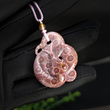Fossilized Coral Pendant Porcelain Luster Jadeification Lemon Blossom Hand Carved Zodiac Snake