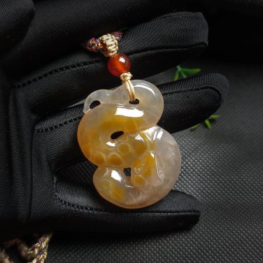Orange Gray Fossilized Coral Pendant High Icy Translucent Lemon Blossom Hand Carved Zodiac Snake