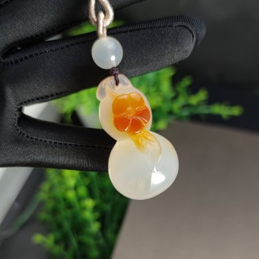 Lychee White Honey Sugar Agate Pendant Icy Translucent Clean Hand Carved Calabash Plum Blossom