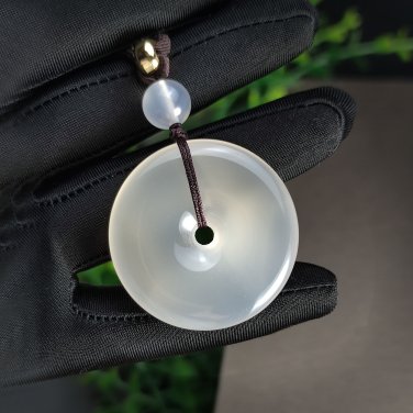 White Agate Pendant Necklace Icy Translucent Clean Hand Carved Peace Buckle