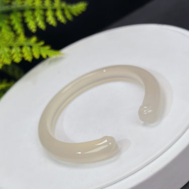 Light Champagne White Agate Open Bangle 52MM Icy Translucent Carved Cat's Paw