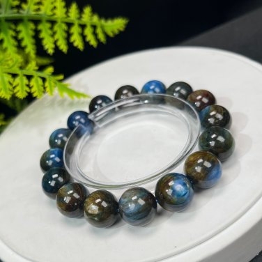 Blue Kyanite Beaded Bracelet 13mm Icy Cat's Eyes Oil Painting Style