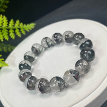 Brazilian Phantom Quartz Beaded Bracelet 14.5mm Icy Transparent Cornucopia Red Green Ghost Crystal