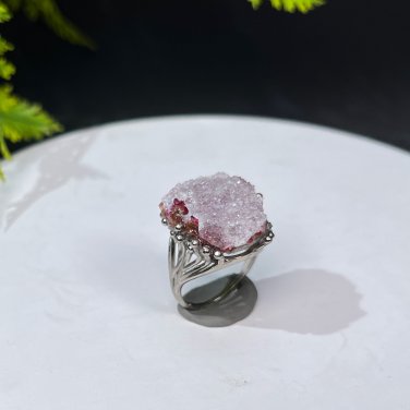 African Raw Cobalt Calcite Crystal Intergrowth Ring Adjustable Flake Ice Silver S925 Handmade