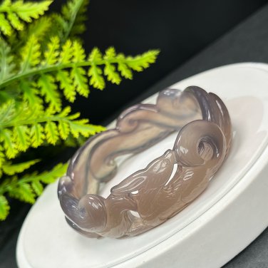 Gray Agate Bangle 63MM High Icy Translucent Clean Hand Carved Hollow Nine Tailed Fox