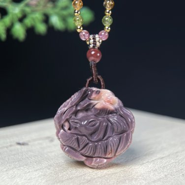 Alxa Agate Pendant Porcelain Luster Gradient Cameo Purple Hand Carved Nine Tailed Fox & Lotus