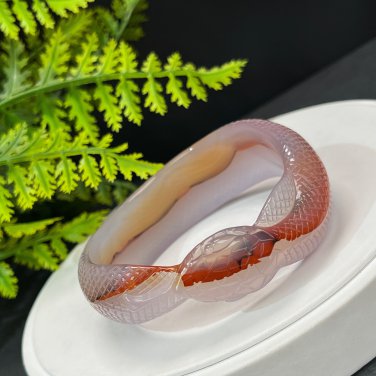 Purple Red Agate Bangle 60MM High Icy Translucent Clean Cornucopia Hand Carved Twisted Snake