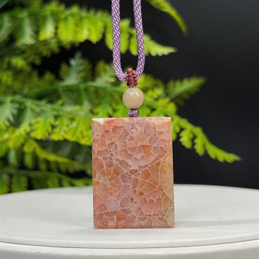 Orange Pink Fossilized Coral Pendant Necklace Icy Jadeification Geode Kaleidoscope Rectangle