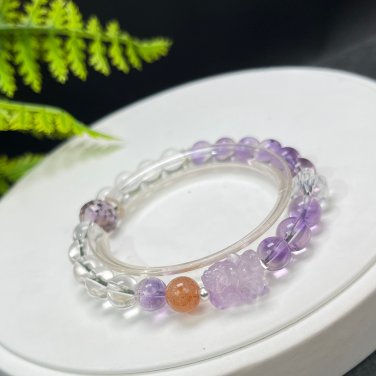 Mix Crystal Beaded Bracelet Gold Swallowing Beast Amethyst Rutilated Quartz Sunstone Ametrine