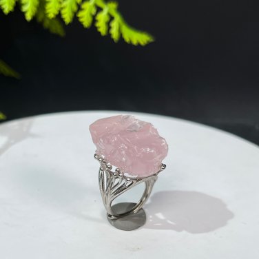 Raw Hibiscus Rose Quartz Ring Adjustable Freeform Silver S925 Handmade
