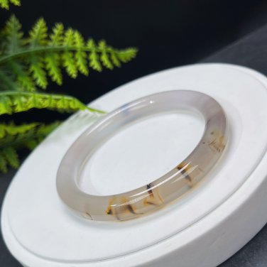 Madagascar Agate Bangle 64MM Icy Translucent Floating Flowers Light Gray Round