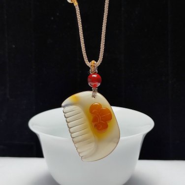 Light Champagne Honey Sugar Agate Pendant Necklace Icy Translucent Hand Carved Auspicious Cloud Comb