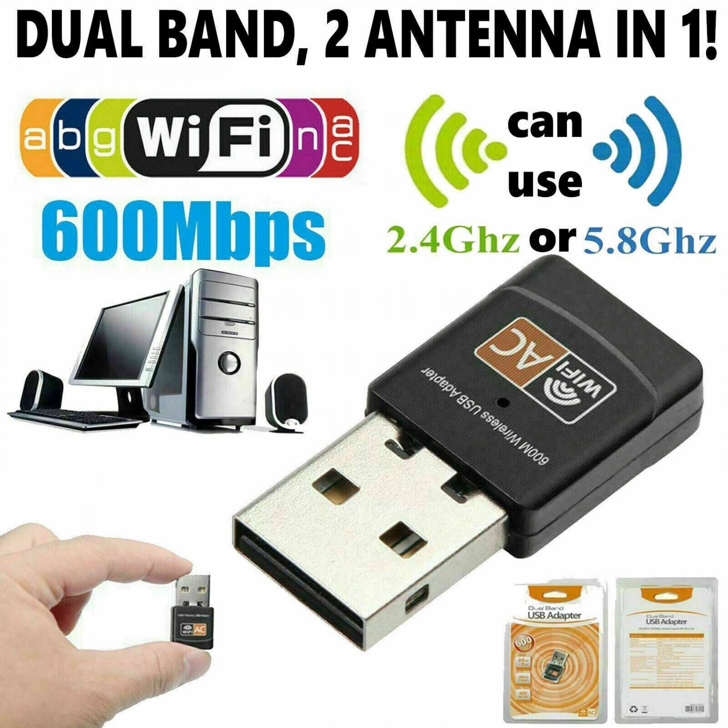 Mini Dual Band 600Mbps USB WiFi Wireless Adapter Network Card 2.4G/5GHz 802.11ac