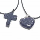 Blue Goldstone Heart Crucifix Cross Quartz Healing Stone Necklace Pair Chakra
