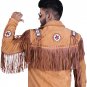 Handmade Genuine Cowhide Brown Suede Fringe Leather Jacket Men - American Real Cowboy Western Coat