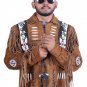 Vintage Style Handmade Cowhide Suede Fringe Leather Jacket Men - Brown American Cowboy Western Coat