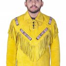 Vintage Style Yellow Cowhide Suede Fringe Leather Jacket Men - Handmade American Cowboy Western Coat