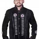 Vintage Style Black Cowhide Suede Fringe Leather Jacket Men - Handmade American Cowboy Western Coat