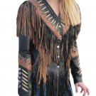 Real Sheepskin Fringe Leather Jacket Women - Native American Beaded Black Western Coat for Ladies Real Sheepskin Fringe Leather Jacket Women - Native American Beaded Black Western Coat for Ladies