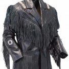 Real Cow Skin Fringe Leather Jacket Women - Native American Beaded Black Western Coat for Men