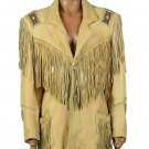 Real Cow Skin Fringe Leather Jacket Women - Native American Beaded Brown Western Coat for Men