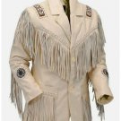 Real Cow Skin Fringe Leather Jacket Women - Native American Beaded Beige Western Coat for Men
